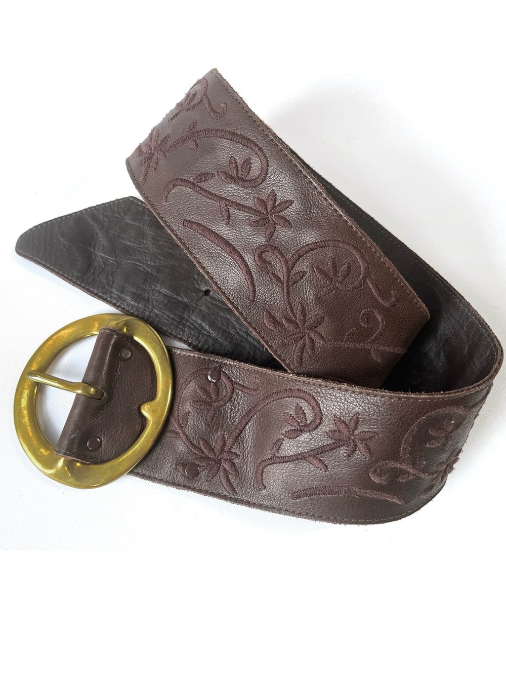 Vintage B-LOW the Belt 34in Oversized Brass Buckle Wide Leather Floral Stitching